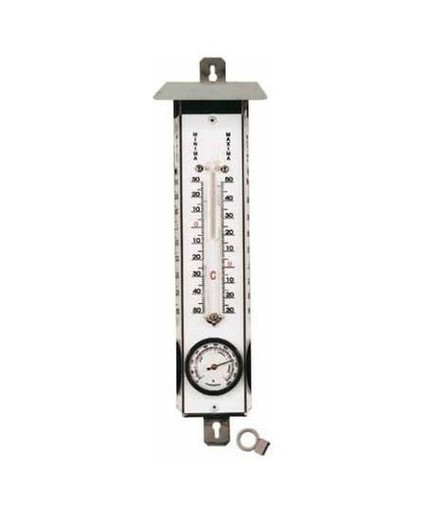 Maximum and minimum mercury stainless steel thermometer with hygrometer and hood